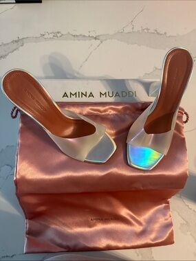 Amina Muaddi Iridescent Pearl Slide Mules
